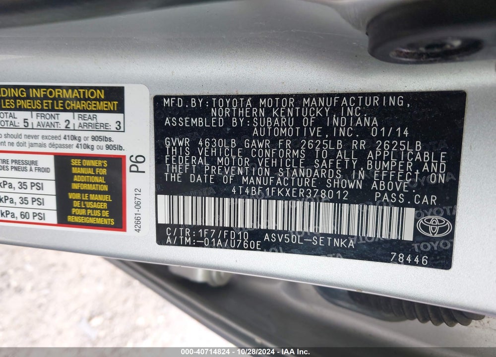 2014 TOYOTA CAMRY LE VIN: 4T4BF1FKXER378012