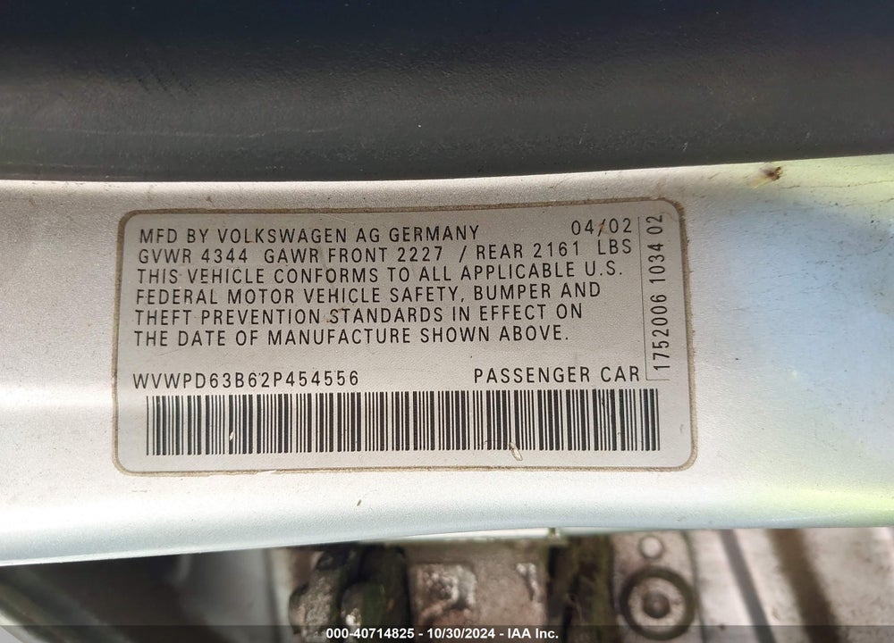 2002 VOLKSWAGEN PASSAT GLS VIN: WVWPD63B62P454556
