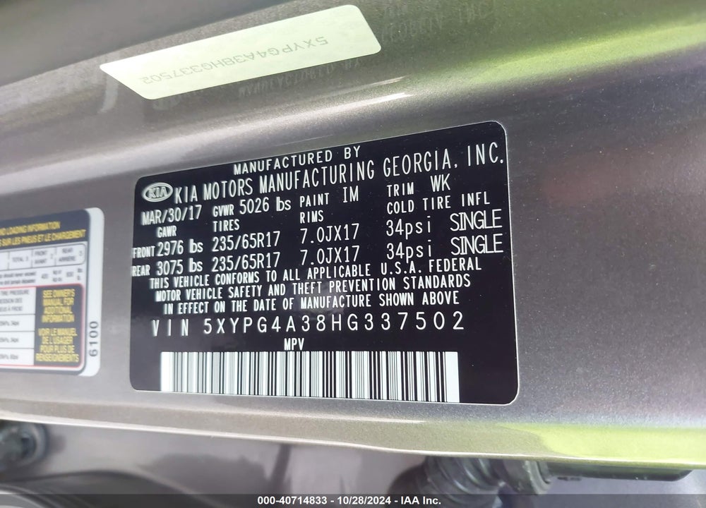 2017 KIA SORENTO 2.4L LX VIN: 5XYPG4A38HG337502