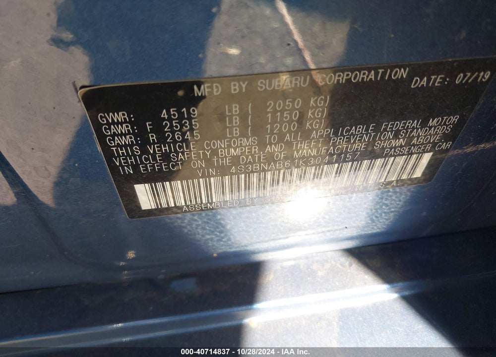 2019 SUBARU LEGACY 2.5I VIN: 4S3BNAB61K3041157
