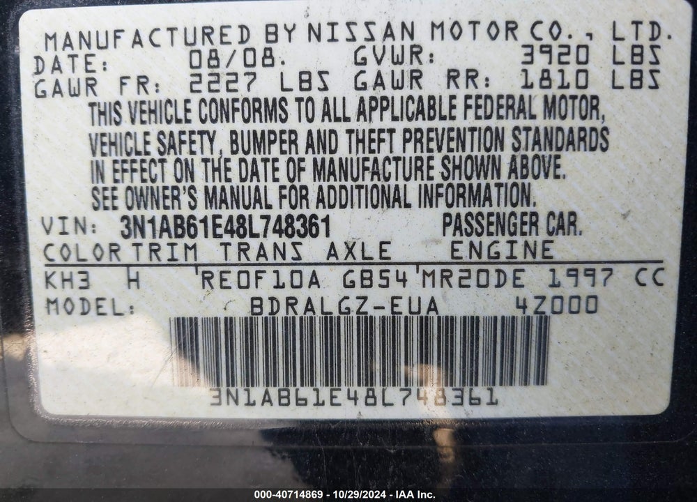 2008 NISSAN SENTRA 2.0SL VIN: 3N1AB61E48L748361
