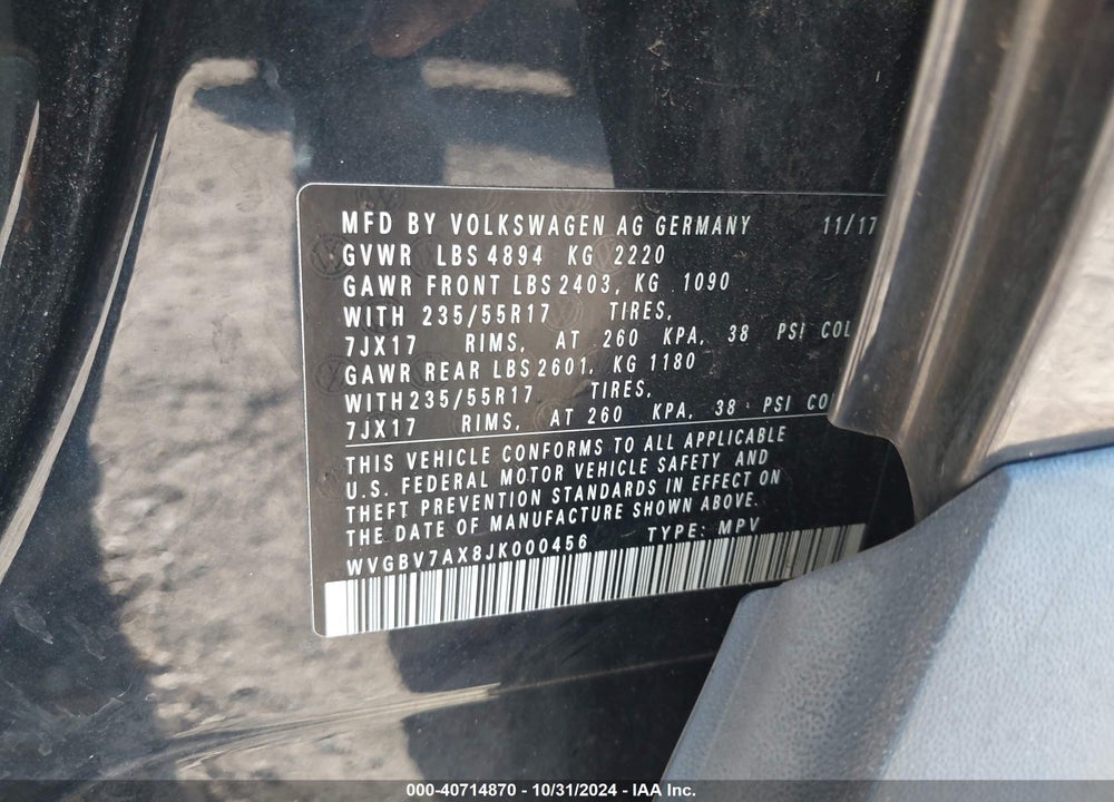 2018 VOLKSWAGEN TIGUAN LIMITED VIN: WVGBV7AX8JK000456