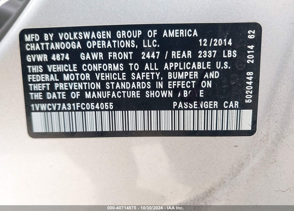 2015 VOLKSWAGEN PASSAT 2.0L TDI SEL PREMIUM VIN: 1VWCV7A31FC054055