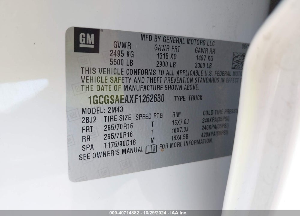 2015 CHEVROLET COLORADO WT VIN: 1GCGSAEAXF1262630
