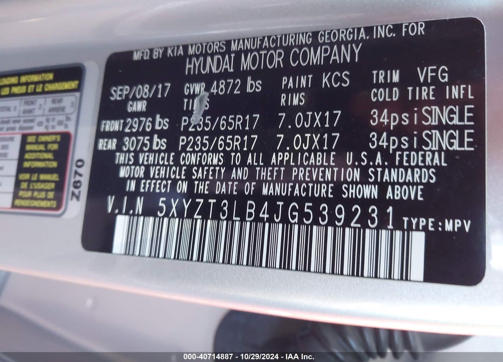 2018 HYUNDAI SANTA FE SPORT 2.4L VIN: 5XYZT3LB4JG539231