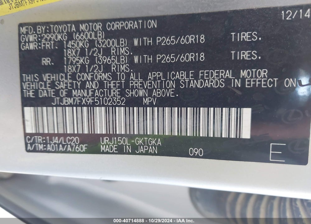 2015 LEXUS 460 VIN: JTJBM7FX9F5102352