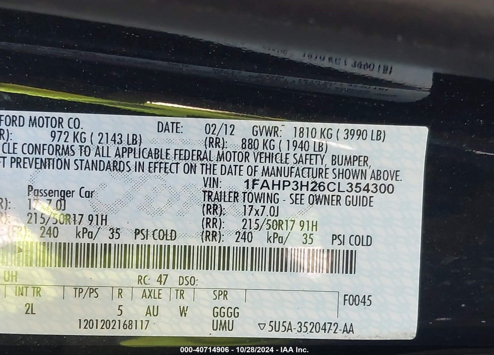 2012 FORD FOCUS SEL VIN: 1FAHP3H26CL354300