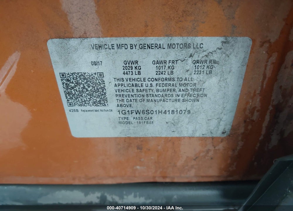 2017 CHEVROLET BOLT EV LT VIN: 1G1FW6S01H4181079