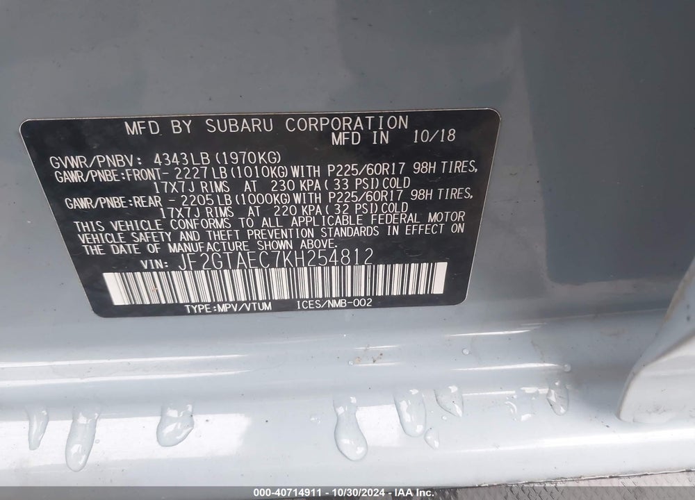 2019 SUBARU CROSSTREK 2.0I PREMIUM VIN: JF2GTAEC7KH254812