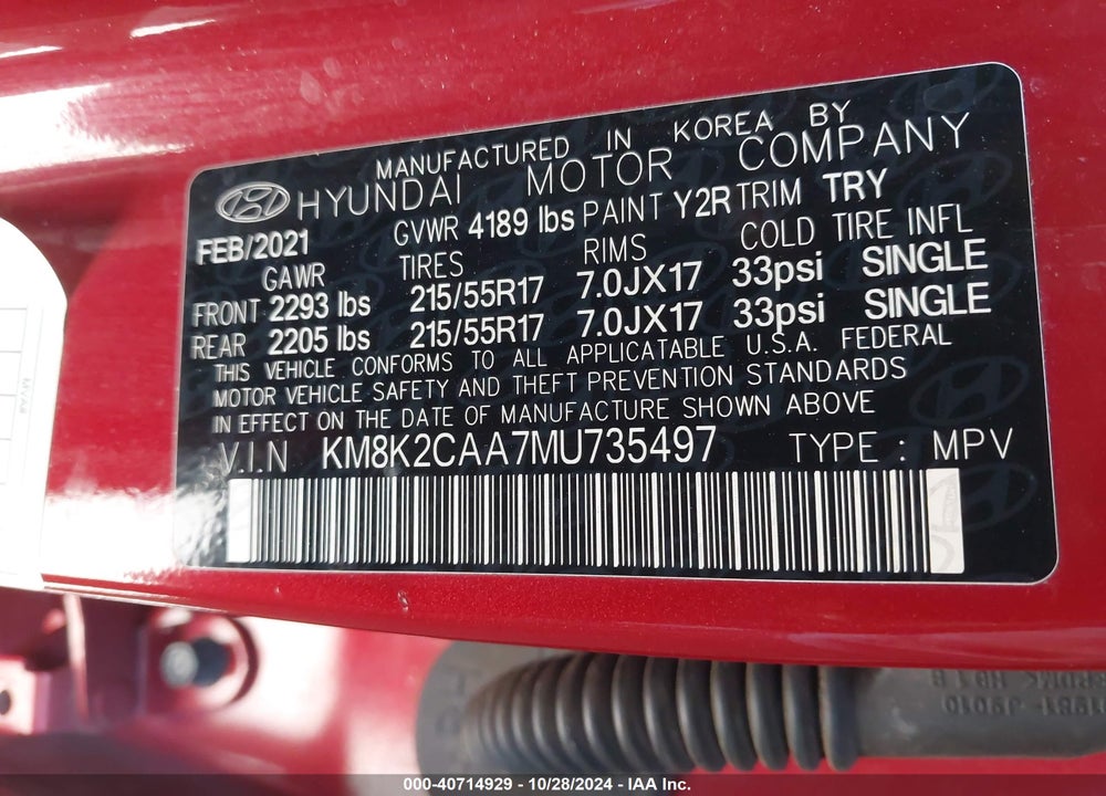 2021 HYUNDAI KONA SEL VIN: KM8K2CAA7MU735497