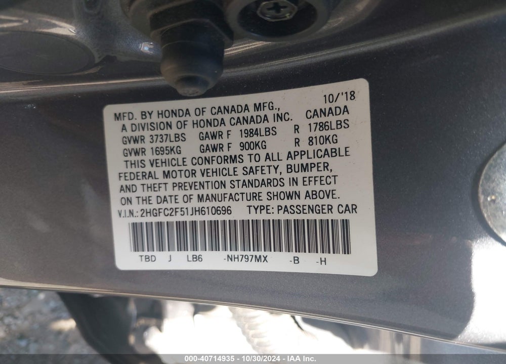 2018 HONDA CIVIC LX VIN: 2HGFC2F51JH610696