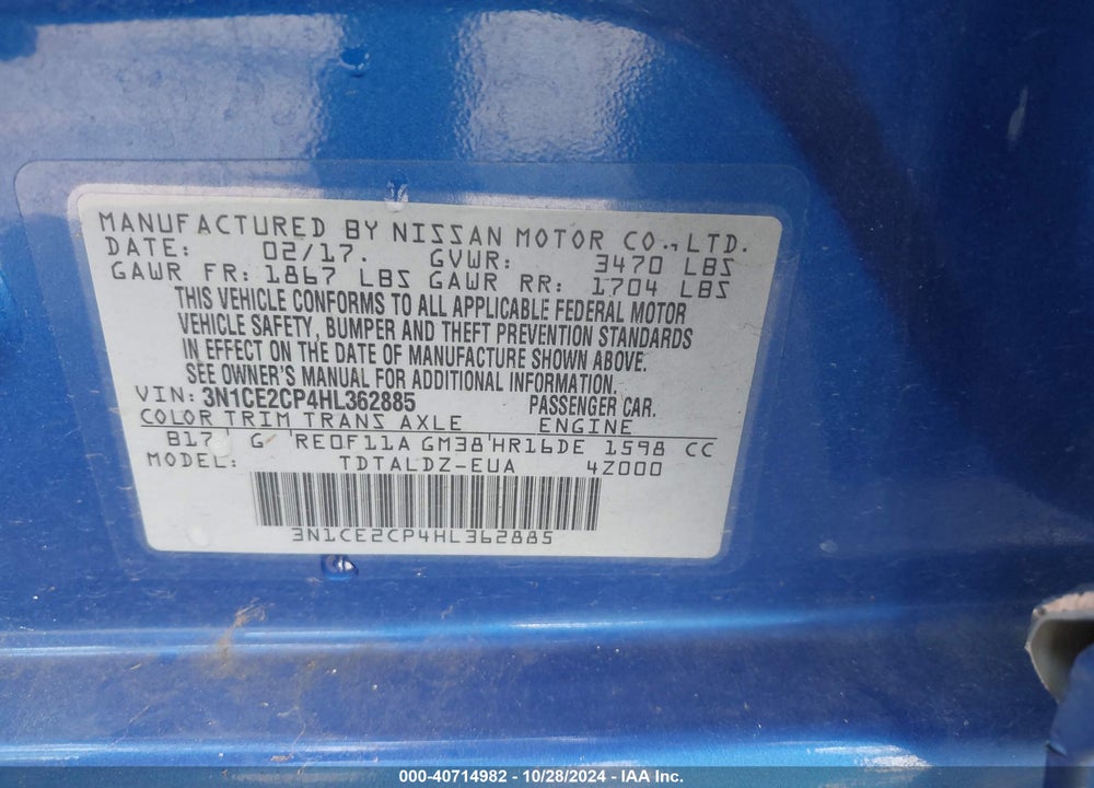 2017 NISSAN VERSA NOTE VIN: 3N1CE2CP4HL362885