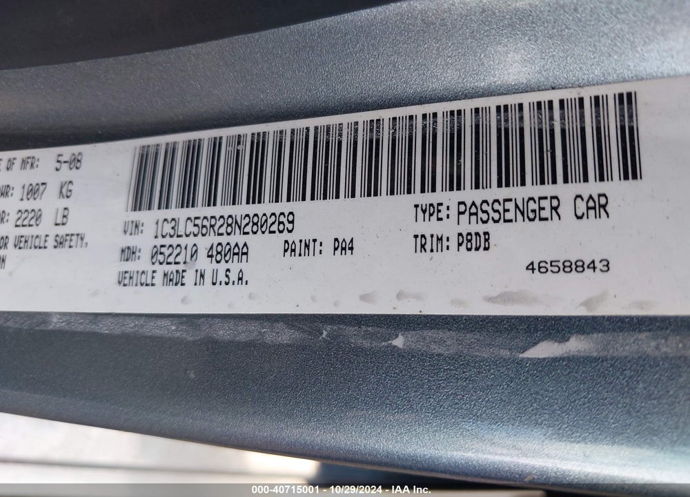 2008 CHRYSLER SEBRING VIN: 1C3LC56R28N280269