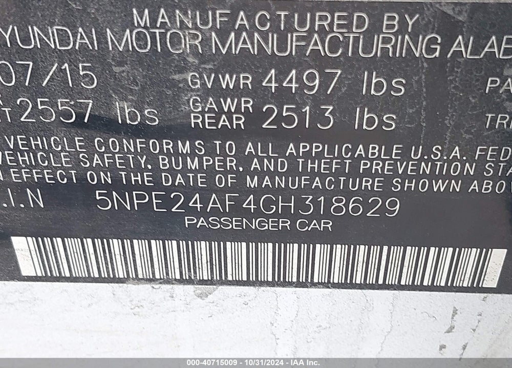 2016 HYUNDAI SONATA SE VIN: 5NPE24AF4GH318629