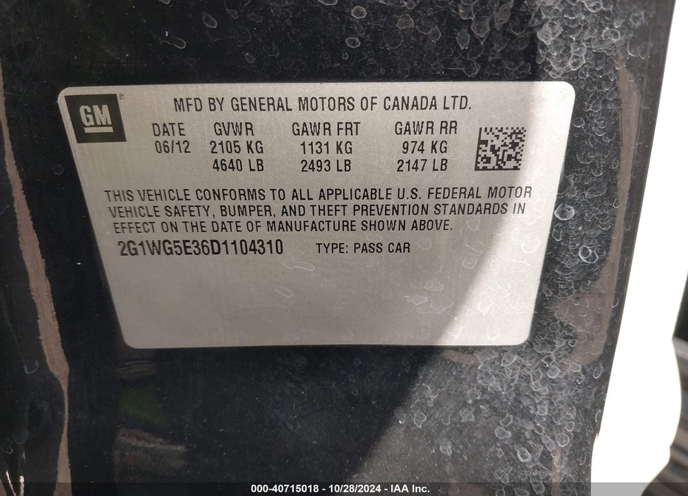 2013 CHEVROLET IMPALA LT VIN: 2G1WG5E36D1104310