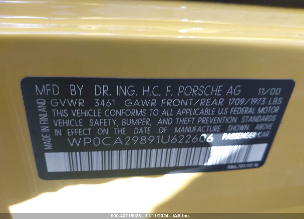 2001 PORSCHE BOXSTER VIN: WP0CA29891U622606