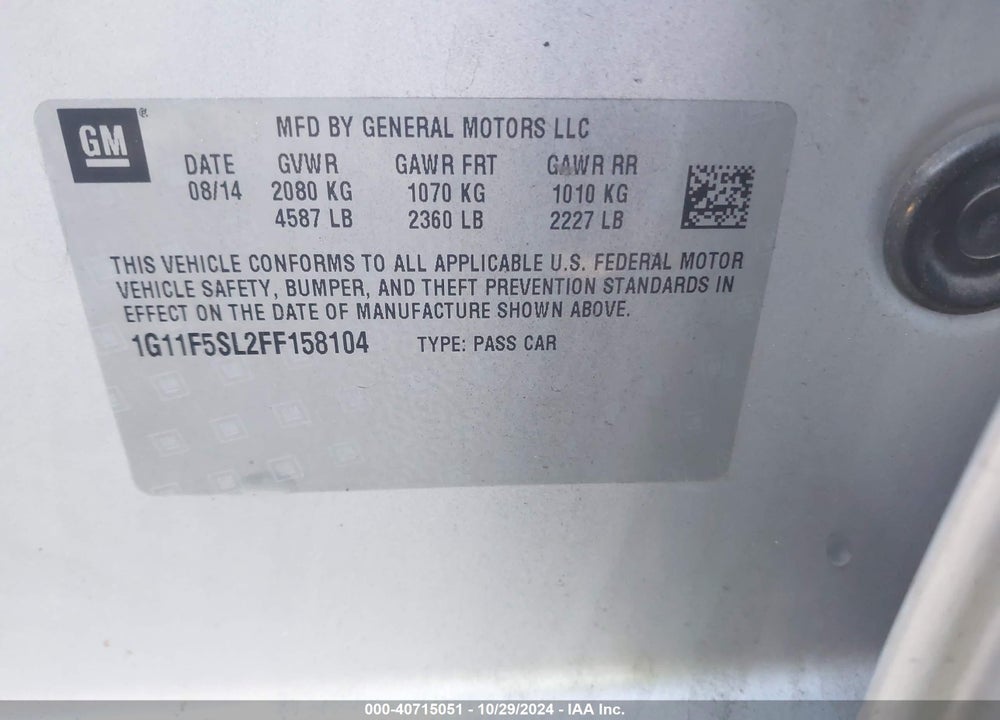 2015 CHEVROLET MALIBU 1LZ VIN: 1G11F5SL2FF158104