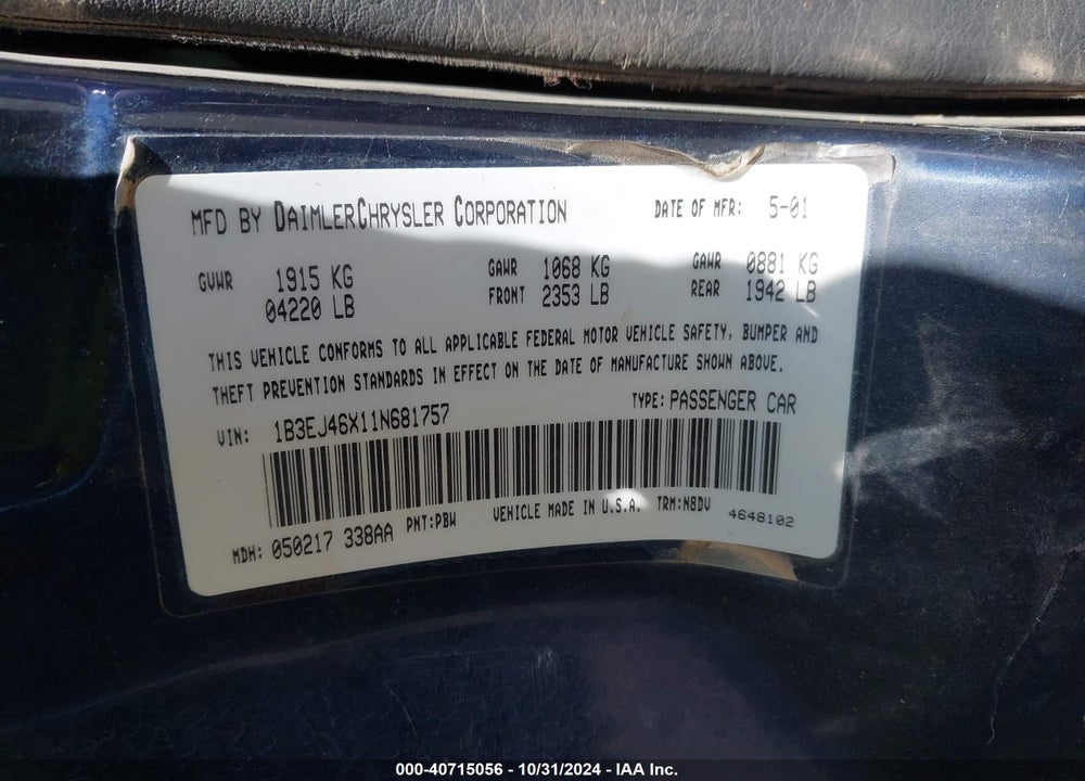2001 DODGE STRATUS SE VIN: 1B3EJ46X11N681757