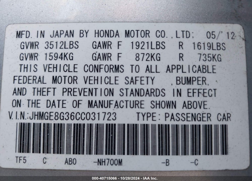 2012 HONDA FIT VIN: JHMGE8G36CC031723