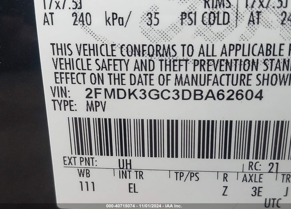 2013 FORD EDGE SE VIN: 2FMDK3GC3DBA62604