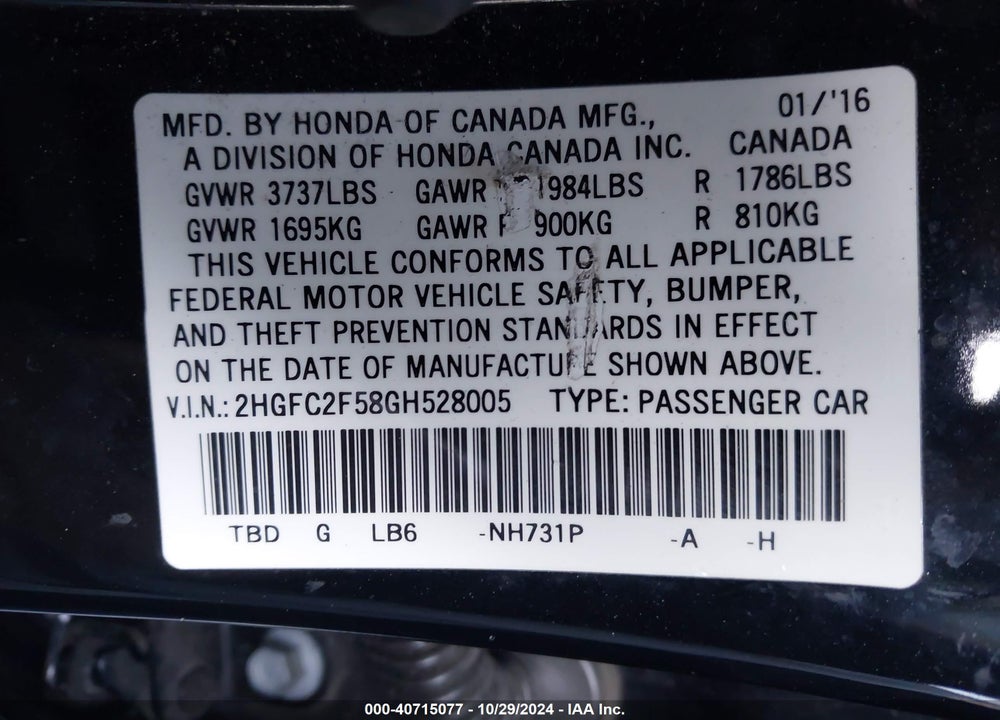 2016 HONDA CIVIC LX VIN: 2HGFC2F58GH528005