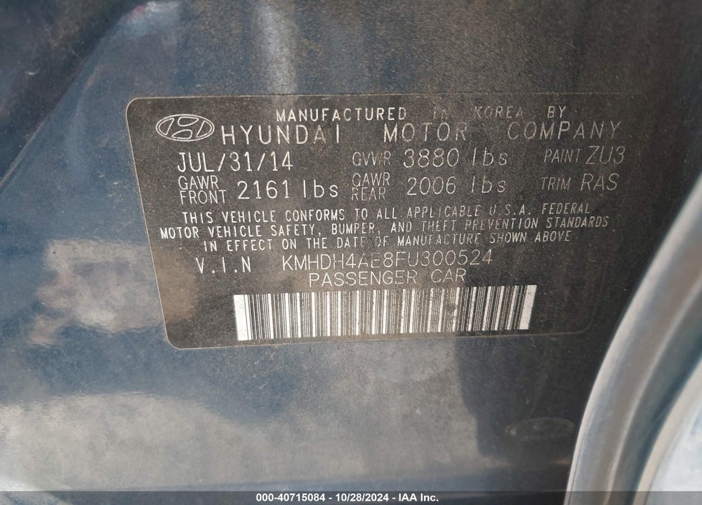 2015 HYUNDAI ELANTRA SE VIN: KMHDH4AE8FU300524