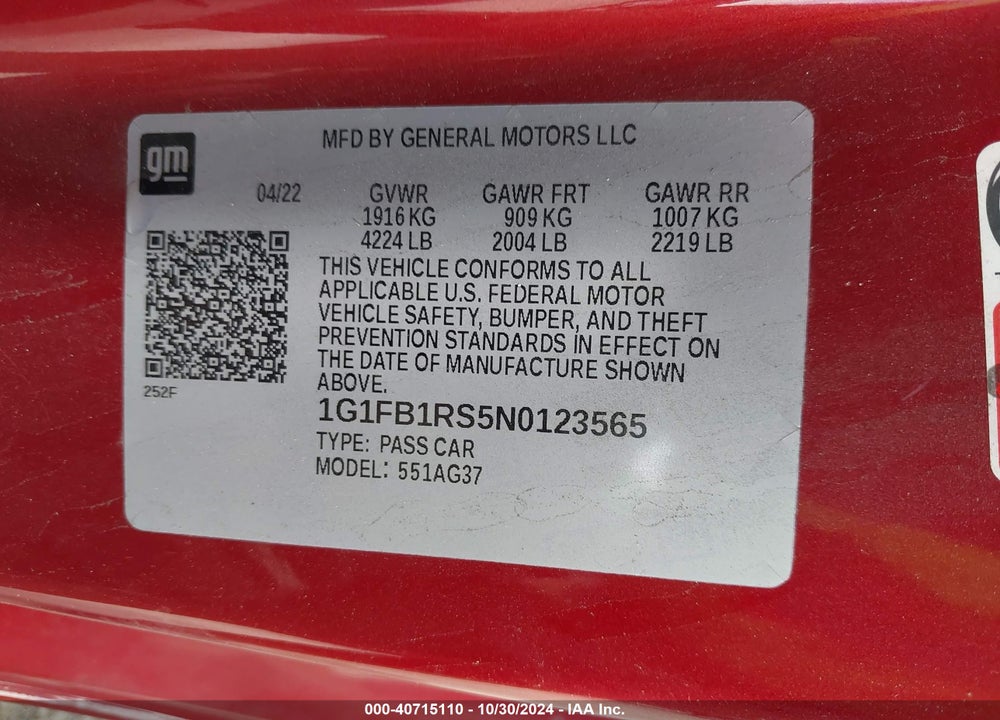 2022 CHEVROLET CAMARO RWD 1LT VIN: 1G1FB1RS5N0123565