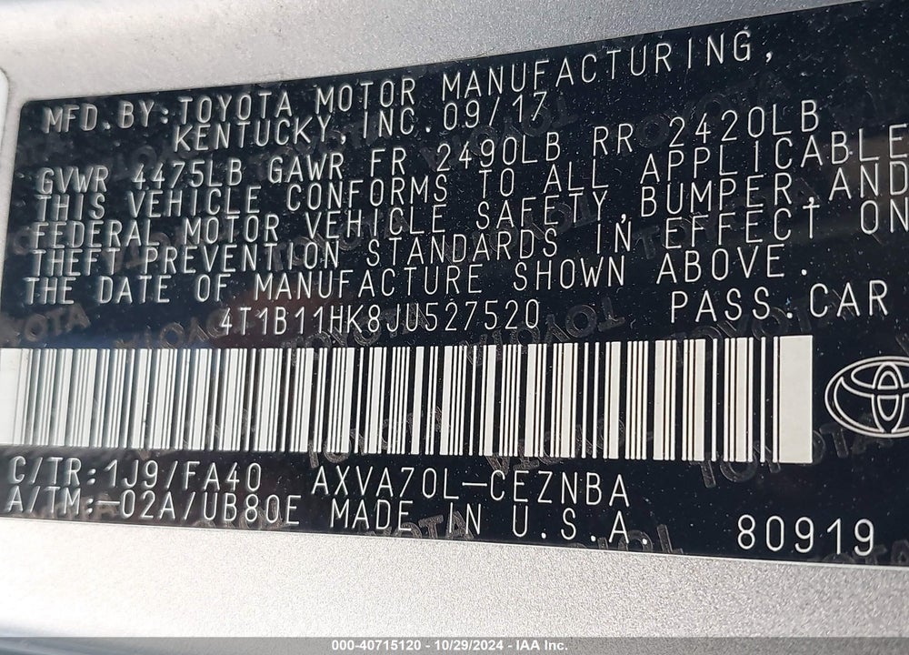 2018 TOYOTA CAMRY LE VIN: 4T1B11HK8JU527520