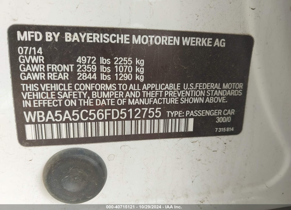 2015 BMW 528I VIN: WBA5A5C56FD512755