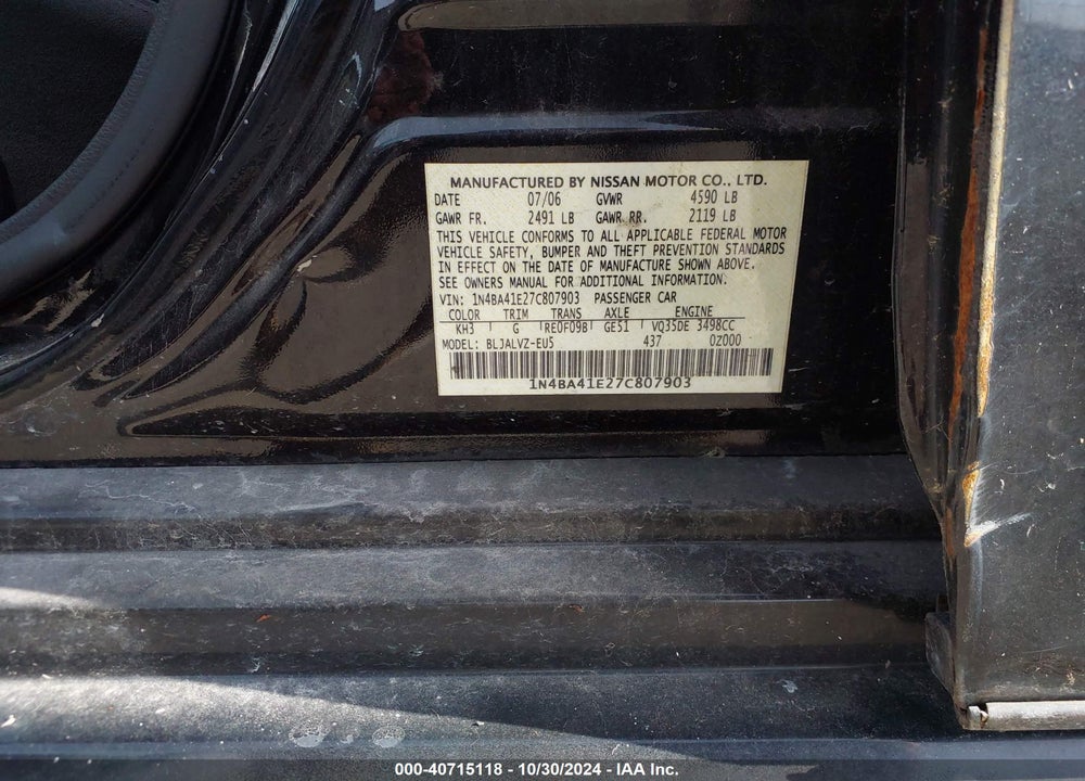 2007 NISSAN MAXIMA 3.5 SE VIN: 1N4BA41E27C807903