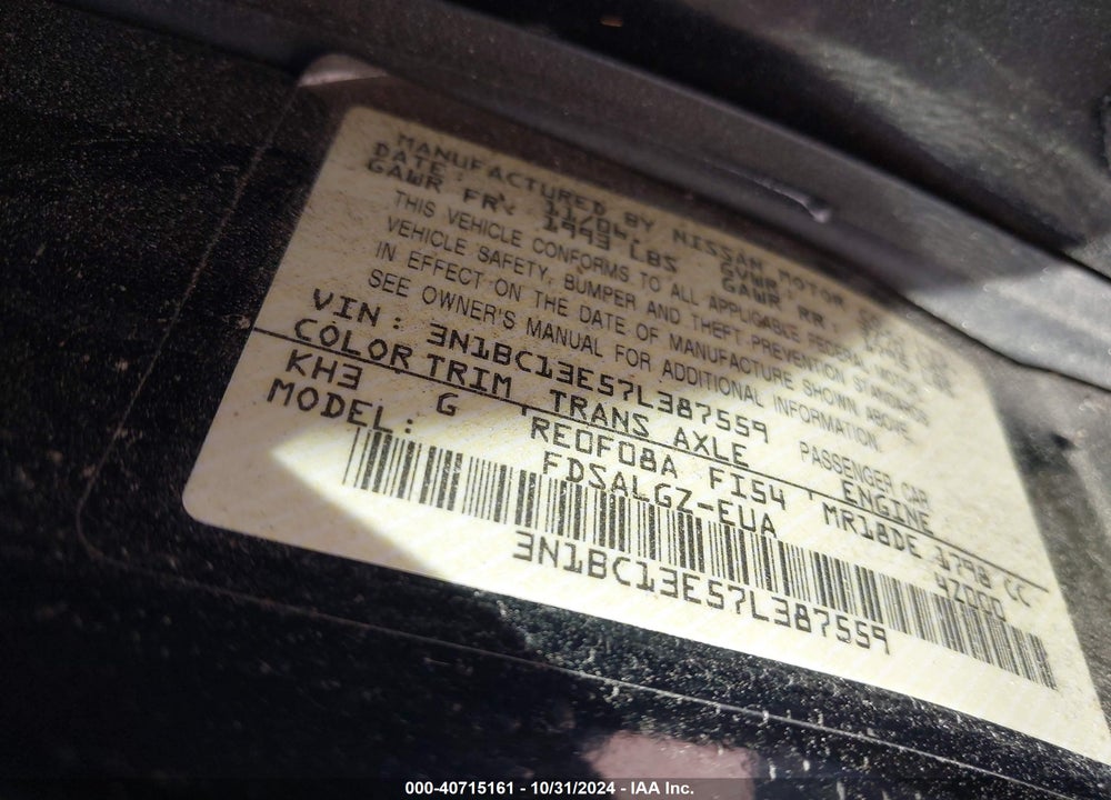 2007 NISSAN VERSA 1.8SL VIN: 3N1BC13E57L387559