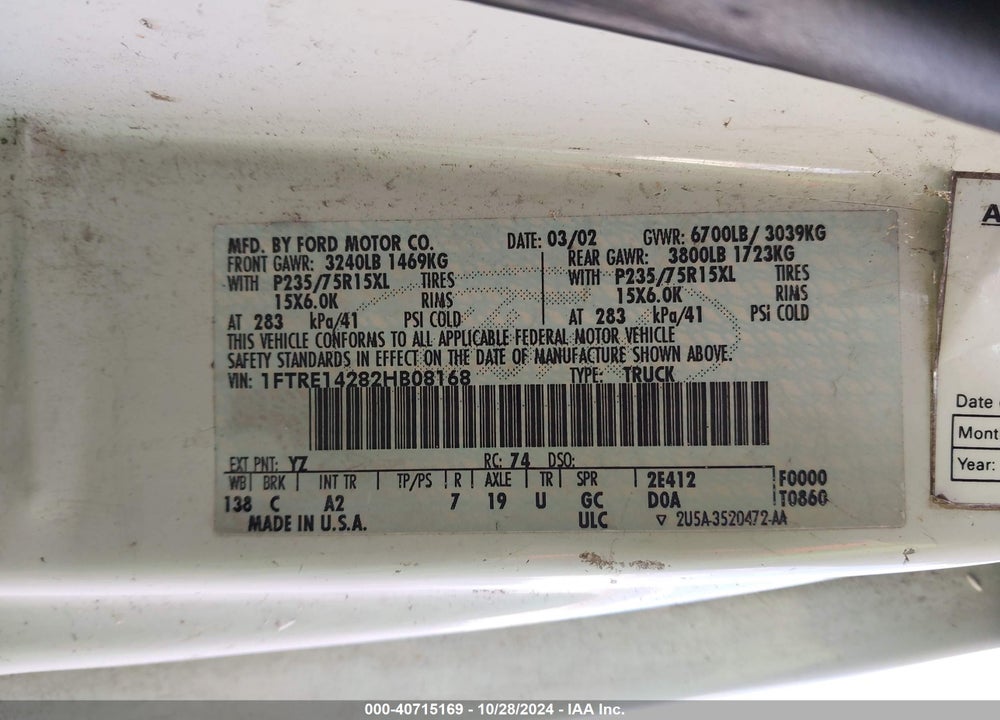 2002 FORD E-150 COMMERCIAL/RECREATIONAL VIN: 1FTRE14282HB08168