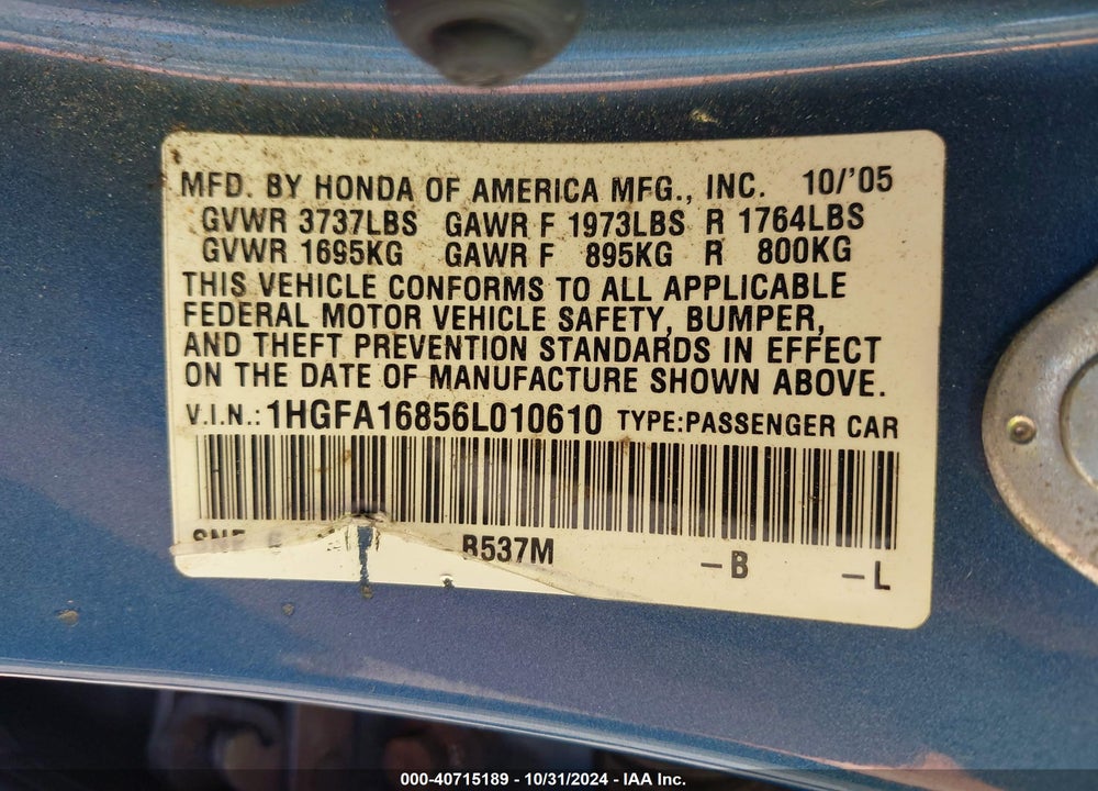 2006 HONDA CIVIC EX VIN: 1HGFA16856L010610