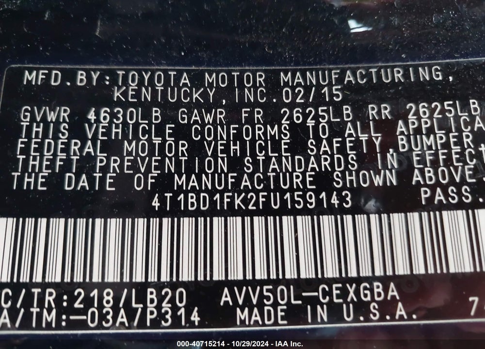 2015 TOYOTA CAMRY HYBRID XLE VIN: 4T1BD1FK2FU159143