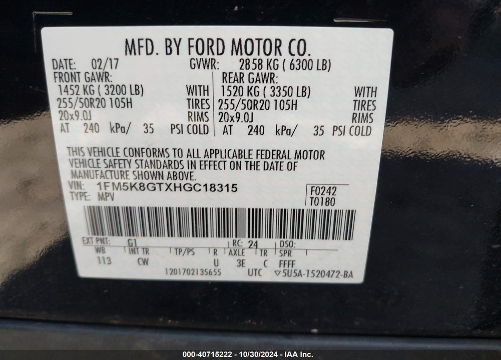 2017 FORD EXPLORER SPORT VIN: 1FM5K8GTXHGC18315