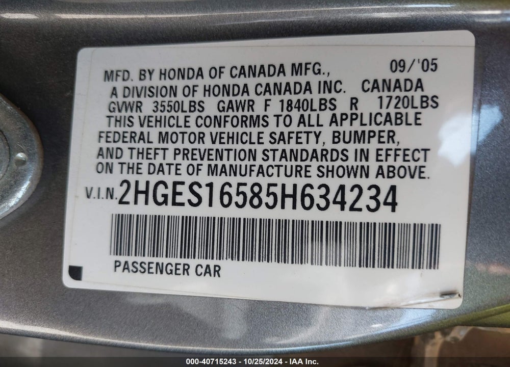 2005 HONDA CIVIC LX VIN: 2HGES16585H634234