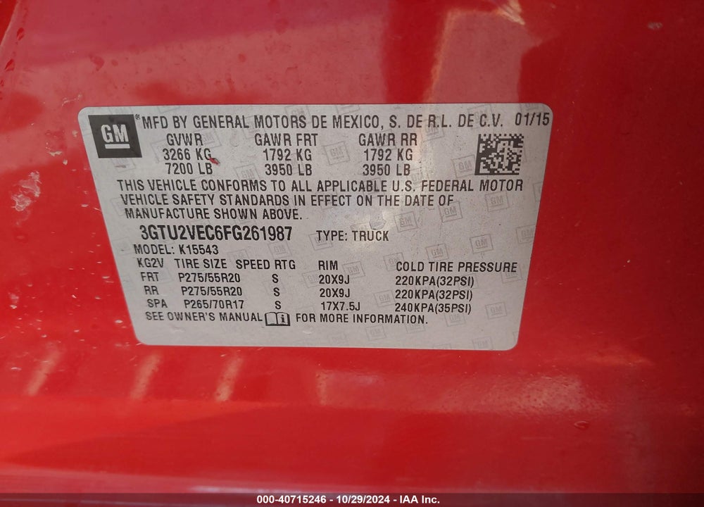 2015 GMC SIERRA 1500 SLT VIN: 3GTU2VEC6FG261987