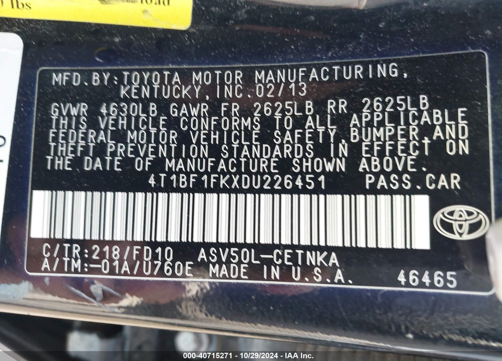 2013 TOYOTA CAMRY LE VIN: 4T1BF1FKXDU226451