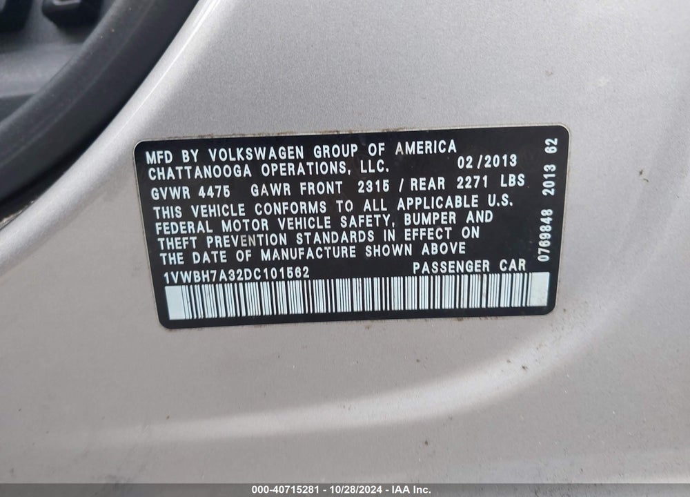 2013 VOLKSWAGEN PASSAT 2.5L SE VIN: 1VWBH7A32DC101562