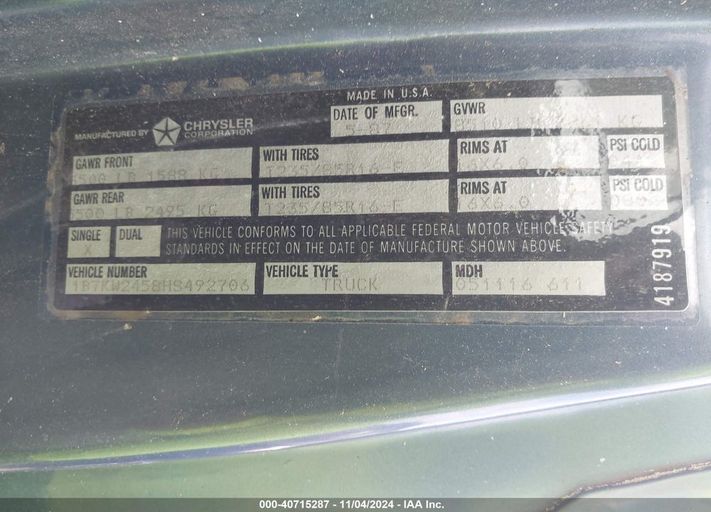 1987 DODGE W-SERIES W200/W250 VIN: 1B7KW2458HS492706