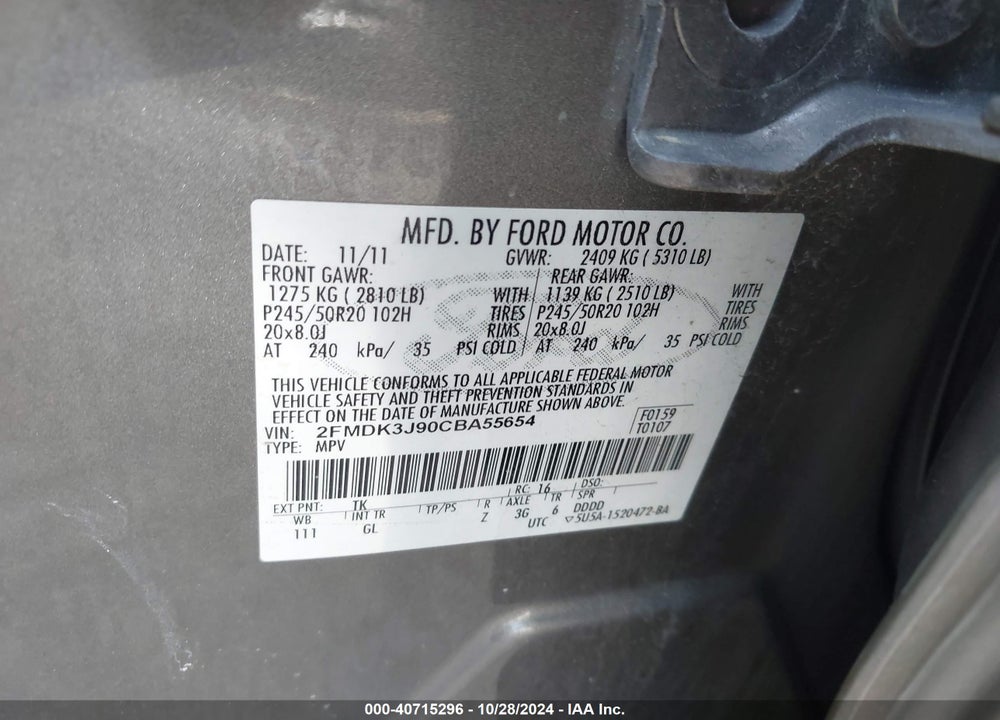 2012 FORD EDGE SEL VIN: 2FMDK3J90CBA55654