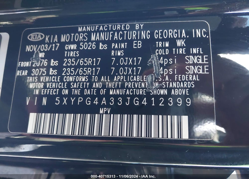 2018 KIA SORENTO VIN: 5XYPG4A33JG412399