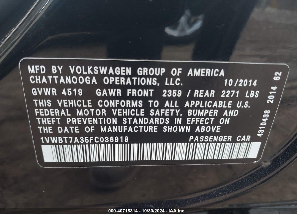 2015 VOLKSWAGEN PASSAT 1.8T SE VIN: 1VWBT7A35FC036918
