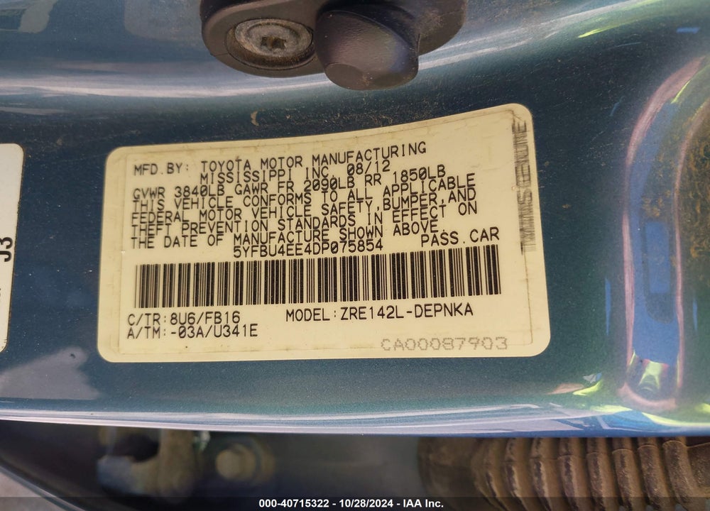 2013 TOYOTA COROLLA VIN: 5YFBU4EE4DP075854