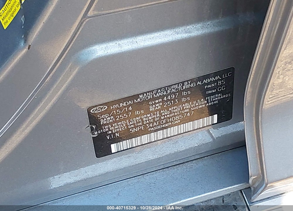 2015 HYUNDAI SONATA SPORT VIN: 5NPE34AF0FH085747