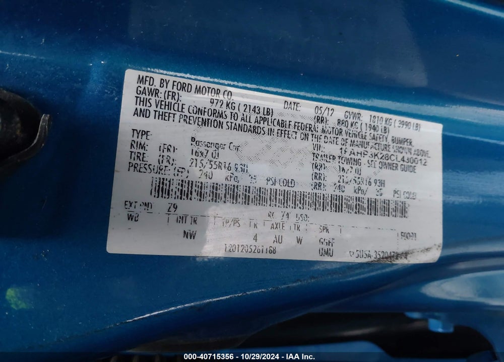 2012 FORD FOCUS SE VIN: 1FAHP3K28CL430012