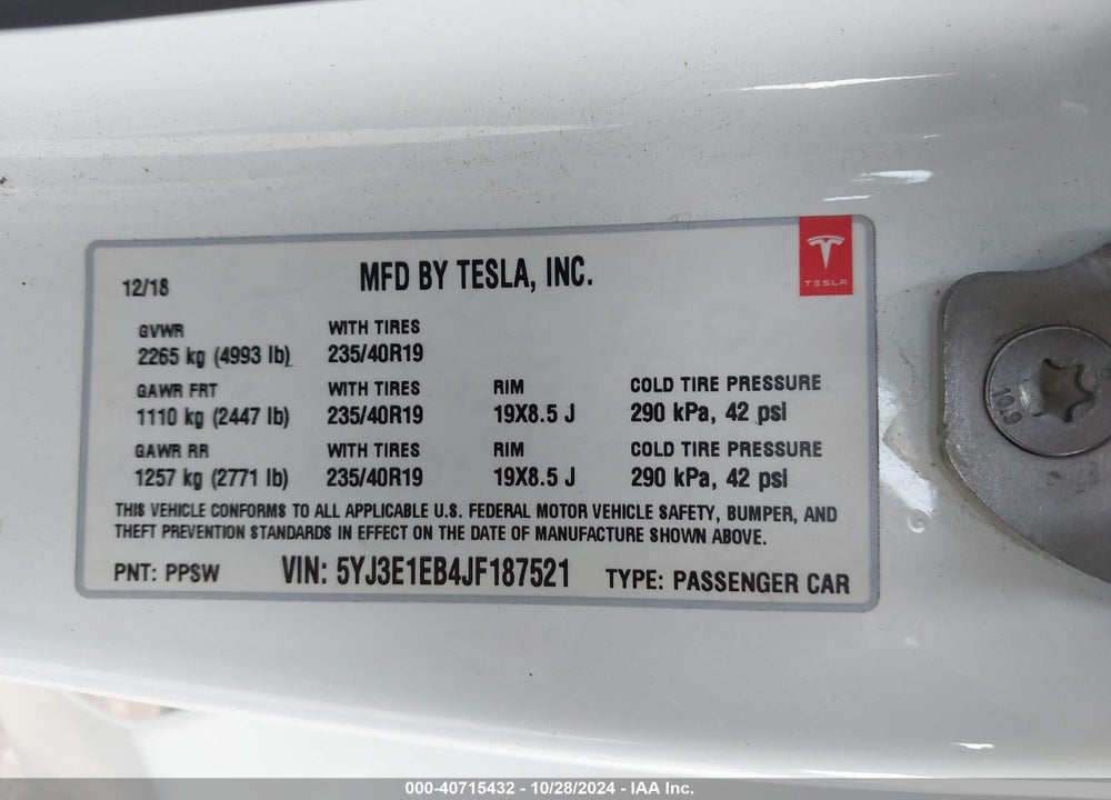 2018 TESLA MODEL 3 LONG RANGE/PERFORMANCE VIN: 5YJ3E1EB4JF187521