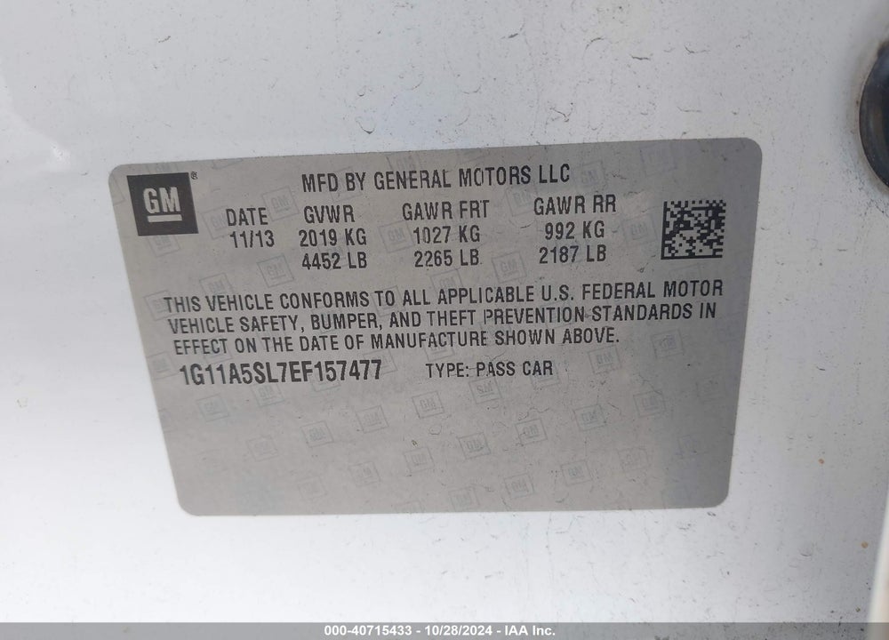 2014 CHEVROLET MALIBU 1FL VIN: 1G11A5SL7EF157477