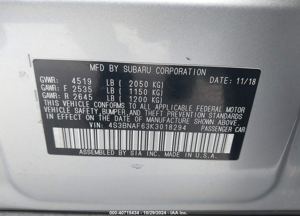 2019 SUBARU LEGACY 2.5I PREMIUM VIN: 4S3BNAF63K3018294