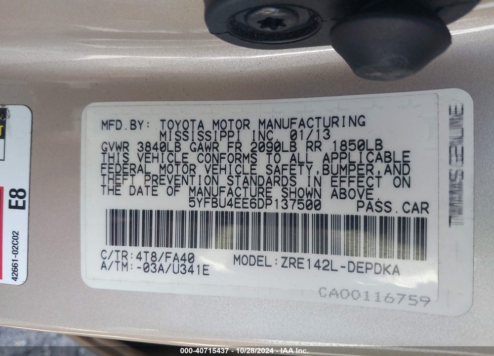 2013 TOYOTA COROLLA L VIN: 5YFBU4EE6DP137500